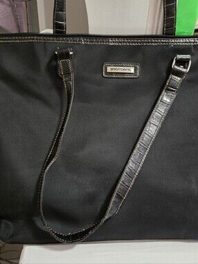 Simon Chang Black Laptop Tote with Croc-Textured Straps